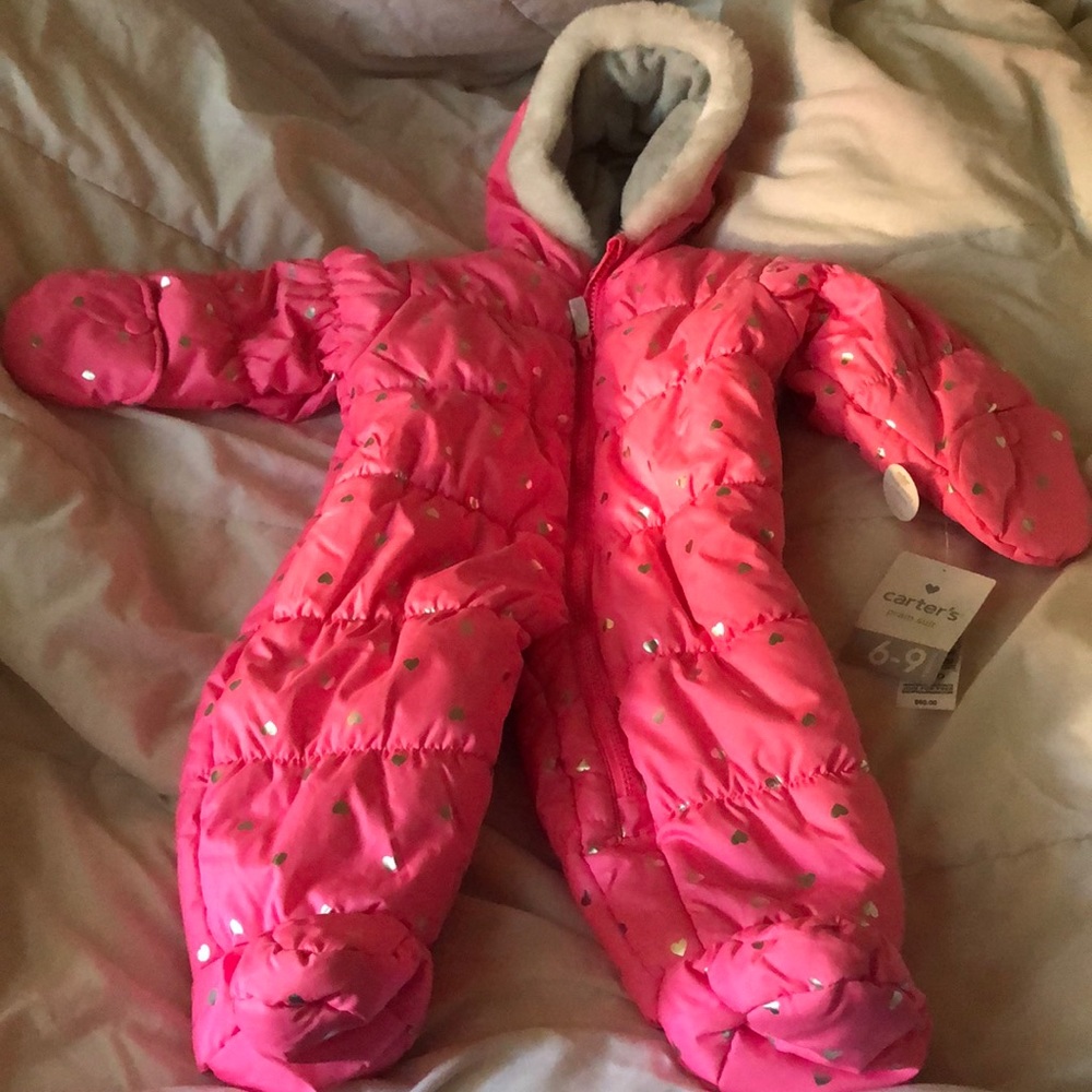 Carter’s Prim Suit. 6-9 mos. Pink & silver hearts.